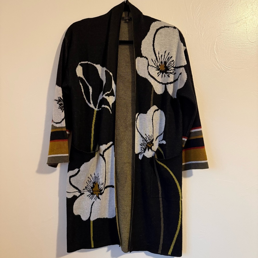 MaxSport Open Front Long Cardigan Floral Print Black Size XS